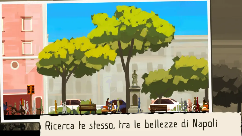 Father and Son, una scena illustrata della Napoli contemporanea con il protagonista che cammina lungo la strada.