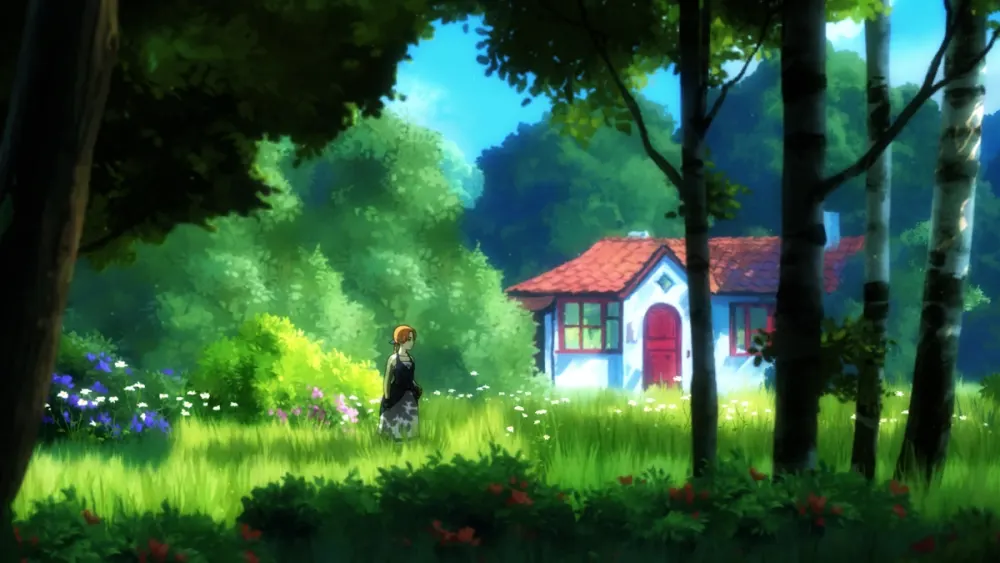 Forgotton Anne, la protagonista in mantello rosso su una scala industriale disegnata a mano in stile film d'animazione.